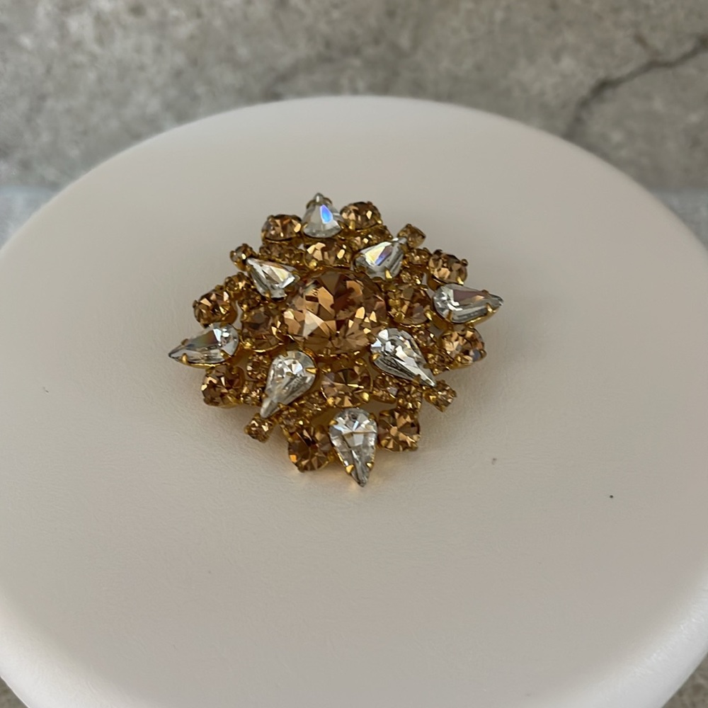 Vintage Rhinestone Honey Gold & Clear Rhinestones Mid Century Brooch